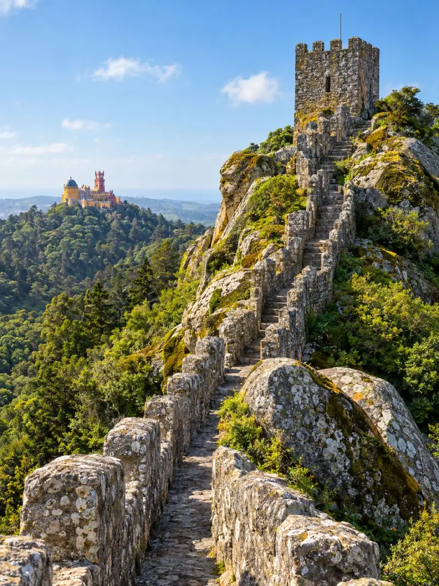 Grey granite battlements climbing a rocky ridge to a square tower, with a colourful palace on a distant hill