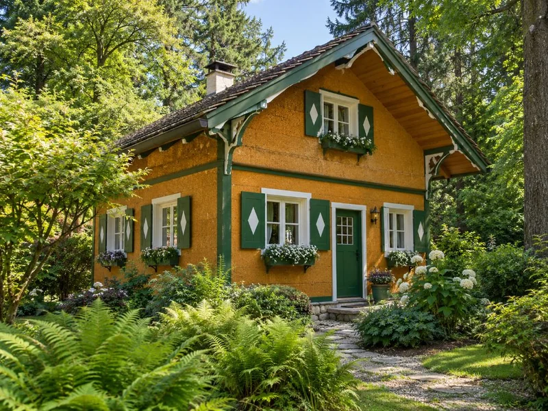 An ochre alpine-style chalet with green and white trim in a lush garden