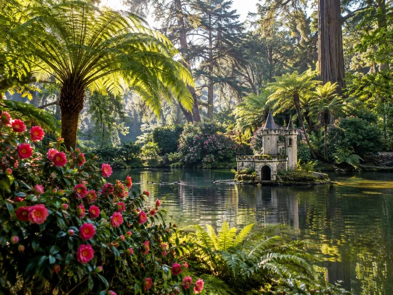 A romantic park lake with a tiny castle-shaped house, tree ferns and red camellias