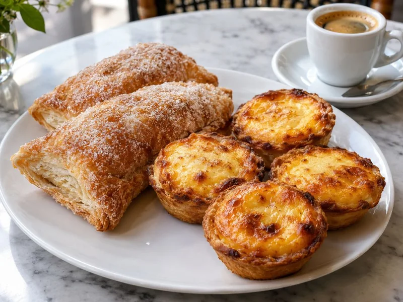 Sugar-dusted puff pastries and small golden tarts with an espresso on a marble cafe table